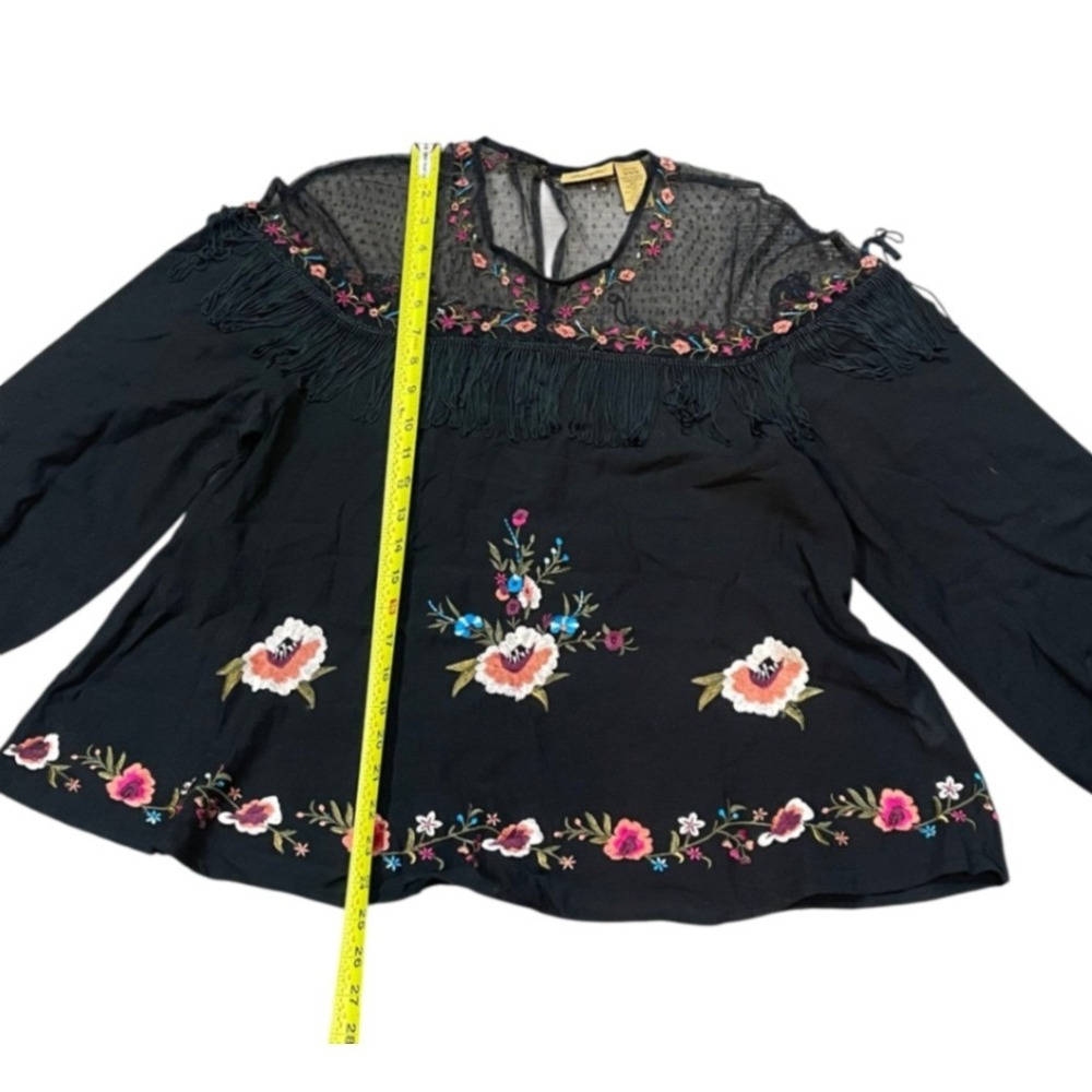 Wrangler Black Embroidered Fringe Floral Womens Top Western Rodeo Medium Whimsy - Picture 2 of 9